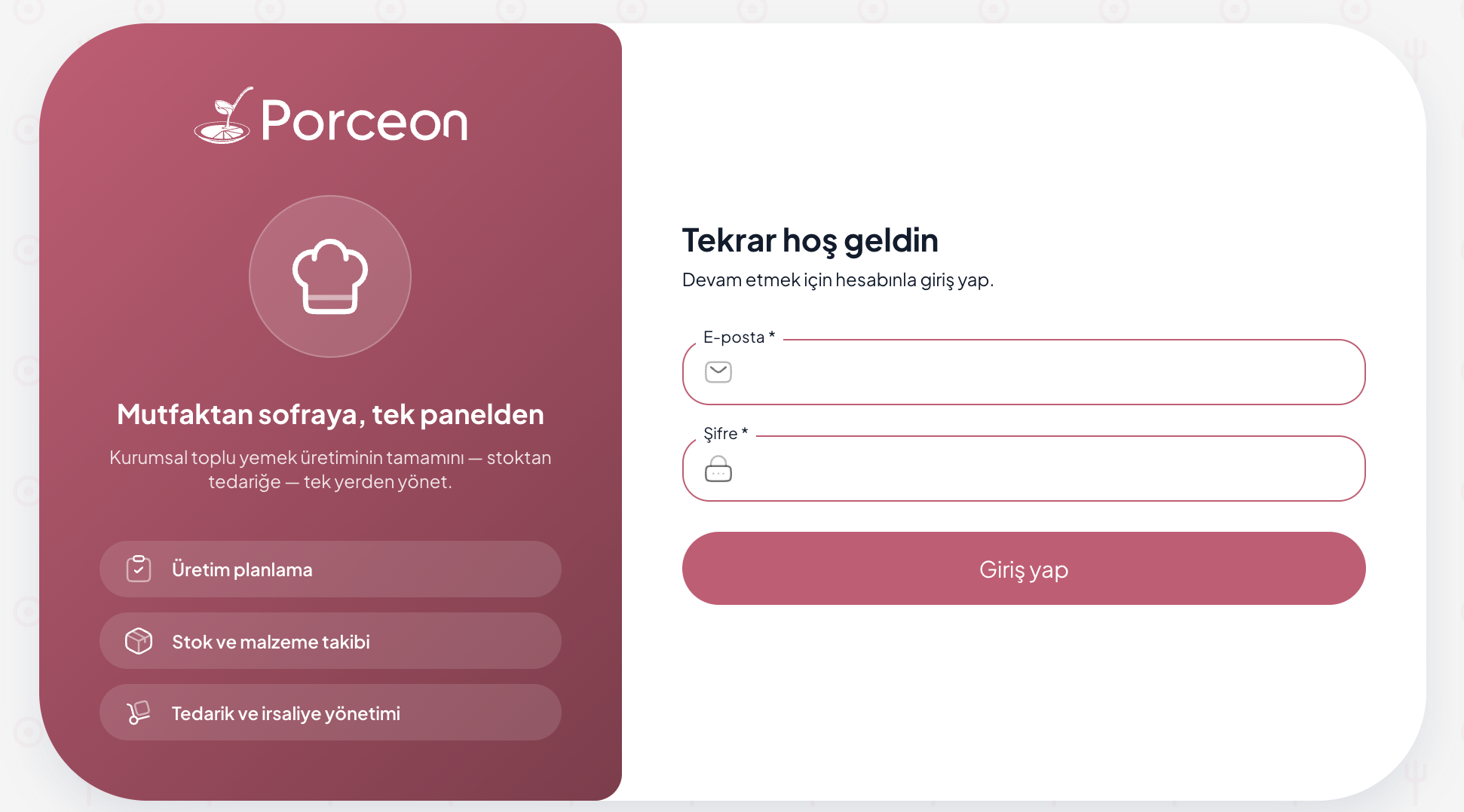 PORCEON giriş ekranı